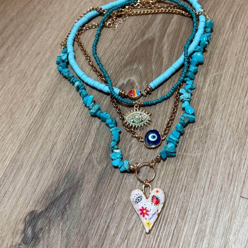Evil Eye Turquoise and Gold Layered Necklace Set